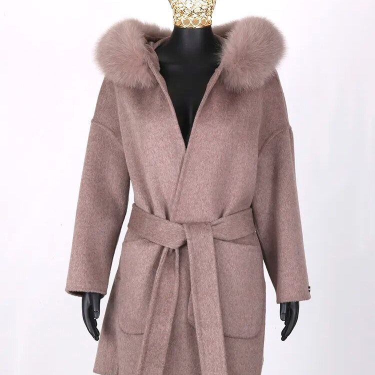 FURYOUME New Cashmere Wool Coat Real Fox Fur Collar Jacket Winter Long Fashion Loose Outerwear Wool Casaco For Women With Belt short graycoffee