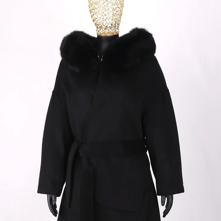 FURYOUME New Cashmere Wool Coat Real Fox Fur Collar Jacket Winter Long Fashion Loose Outerwear Wool Casaco For Women With Belt short black