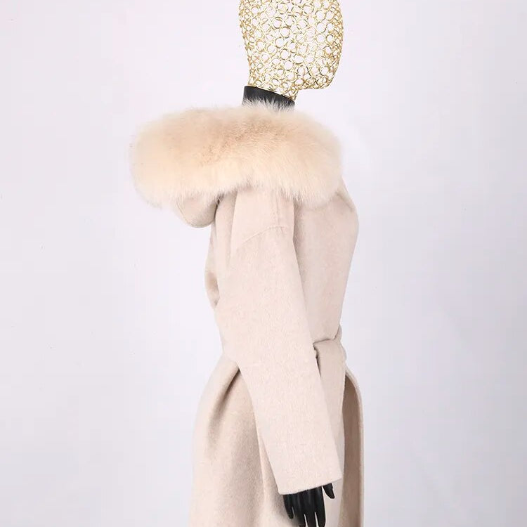 FURYOUME New Cashmere Wool Coat Real Fox Fur Collar Jacket Winter Long Fashion Loose Outerwear Wool Casaco For Women With Belt