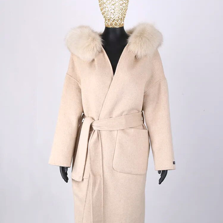 FURYOUME New Cashmere Wool Coat Real Fox Fur Collar Jacket Winter Long Fashion Loose Outerwear Wool Casaco For Women With Belt long beige