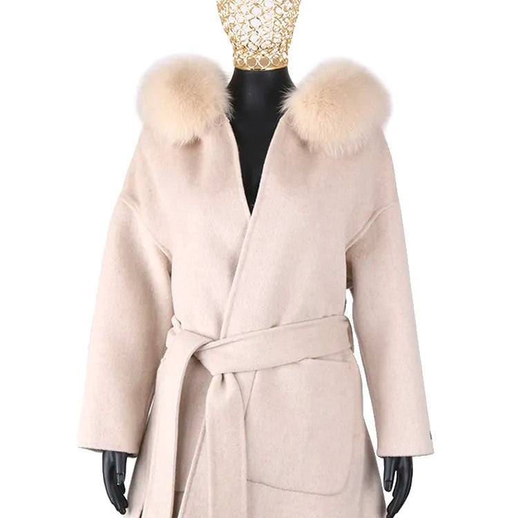 FURYOUME New Cashmere Wool Coat Real Fox Fur Collar Jacket Winter Long Fashion Loose Outerwear Wool Casaco For Women With Belt AMAIO