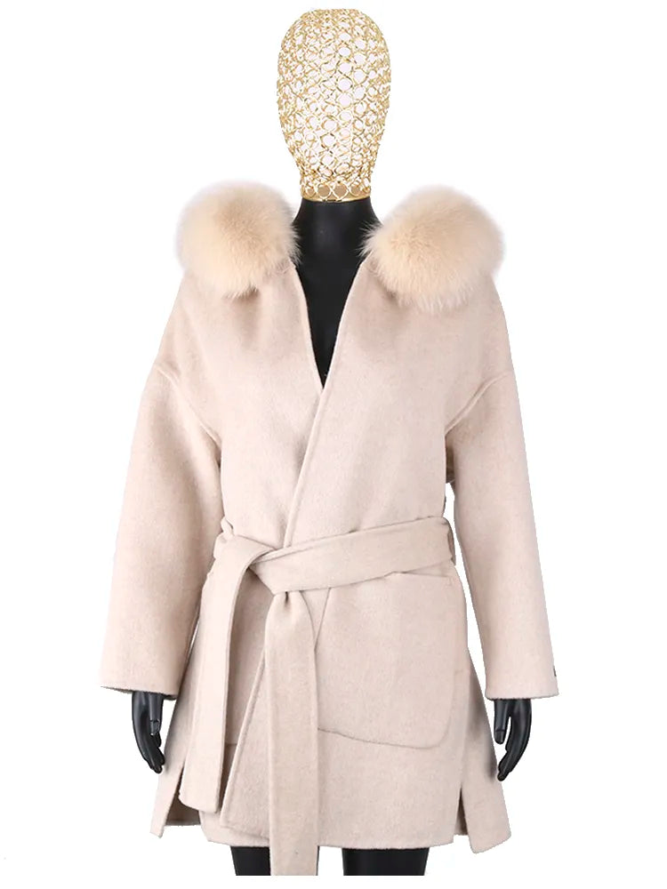 FURYOUME New Cashmere Wool Coat Real Fox Fur Collar Jacket Winter Long Fashion Loose Outerwear Wool Casaco For Women With Belt AMAIO