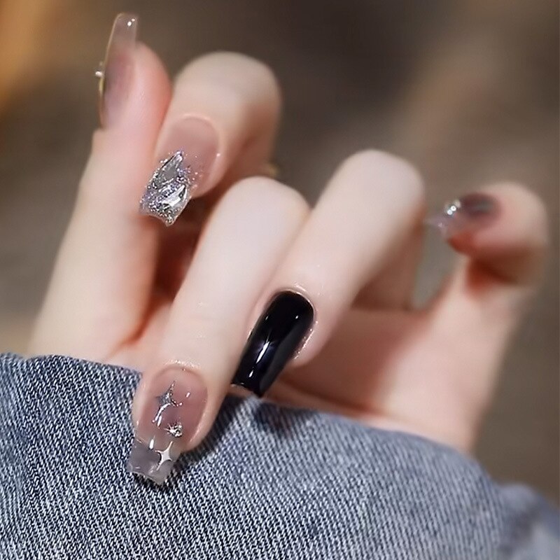 Fake Nails Sets Press on Ballet False Nails with Flower Designs Removable Acrylic Artificial Nails Glitter Nails Art Long Tips 15215