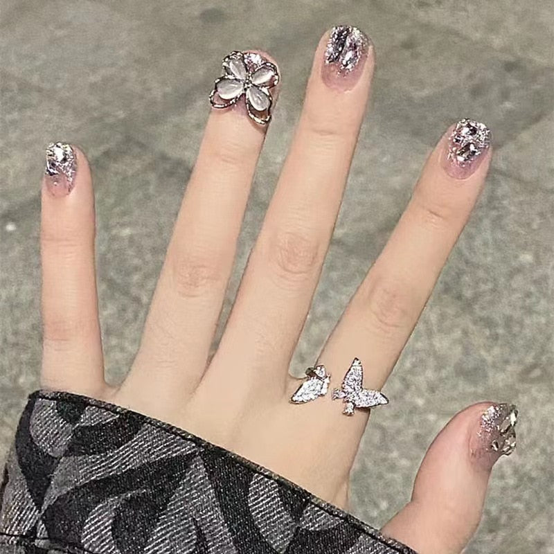 Fake Nails Sets Press on Ballet False Nails with Flower Designs Removable Acrylic Artificial Nails Glitter Nails Art Long Tips 655