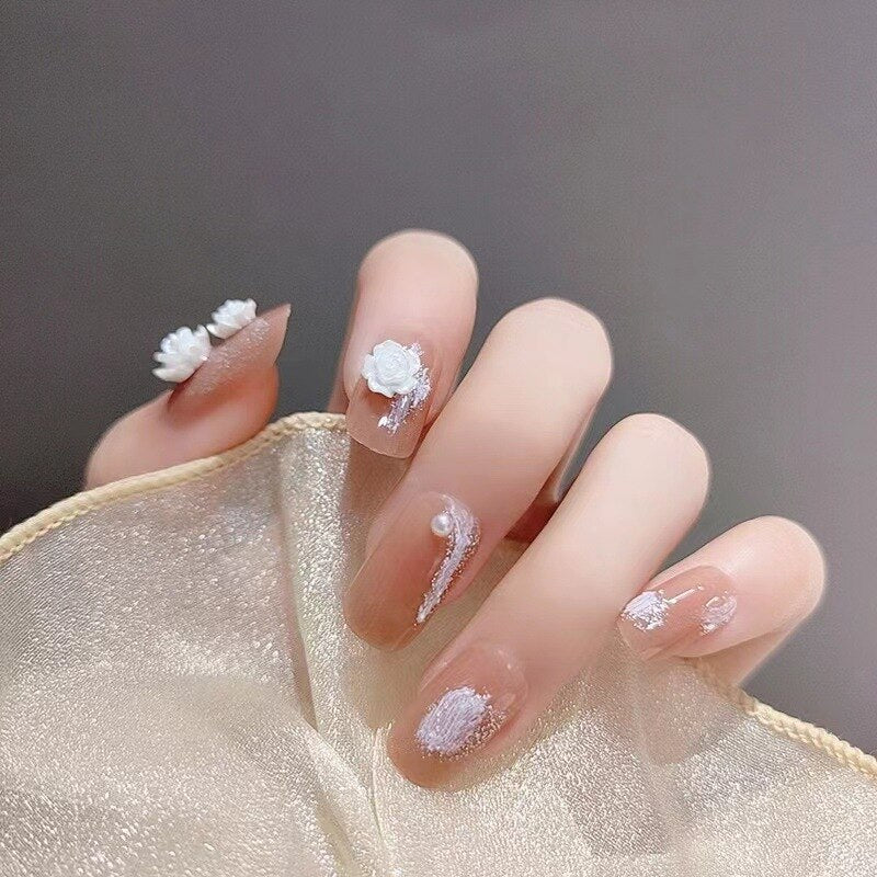 Fake Nails Sets Press on Ballet False Nails with Flower Designs Removable Acrylic Artificial Nails Glitter Nails Art Long Tips 0326