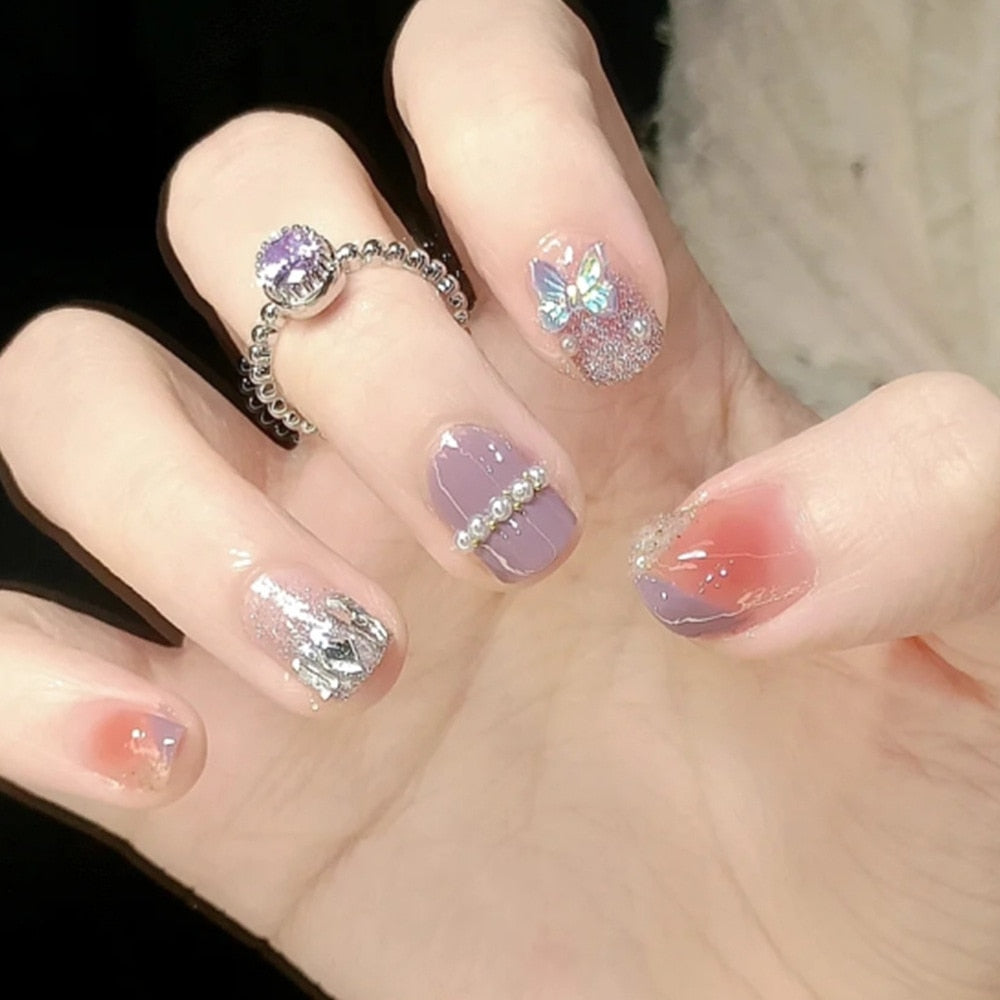 Fake Nails Sets Press on Ballet False Nails with Flower Designs Removable Acrylic Artificial Nails Glitter Nails Art Long Tips 212