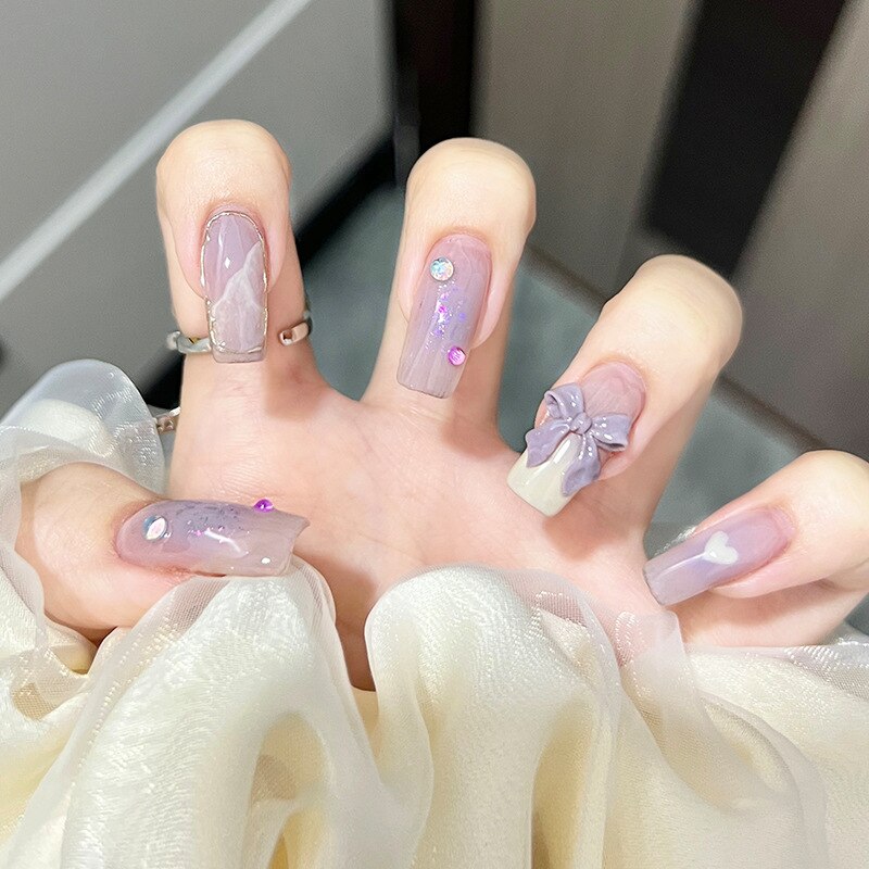 Fake Nails Sets Press on Ballet False Nails with Flower Designs Removable Acrylic Artificial Nails Glitter Nails Art Long Tips 15239