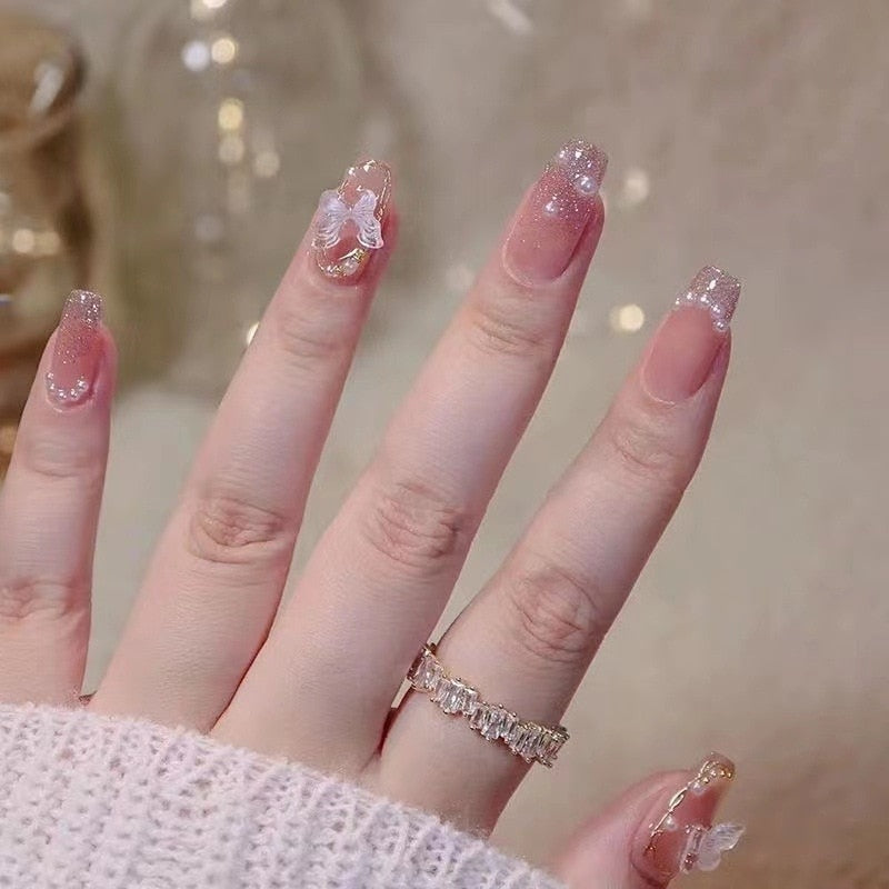 Fake Nails Sets Press on Ballet False Nails with Flower Designs Removable Acrylic Artificial Nails Glitter Nails Art Long Tips 343