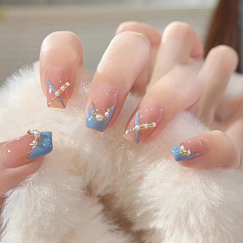 Fake Nails Sets Press on Ballet False Nails with Flower Designs Removable Acrylic Artificial Nails Glitter Nails Art Long Tips 665