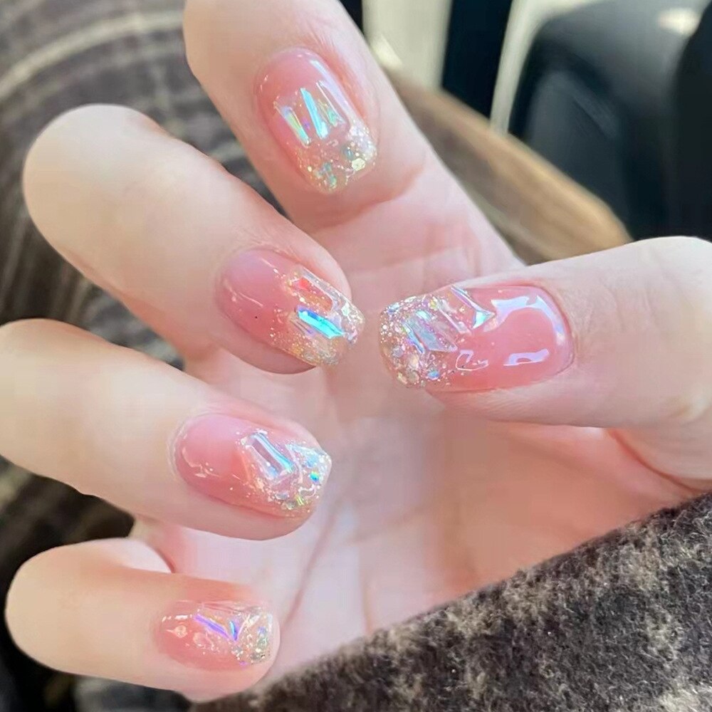 Fake Nails Sets Press on Ballet False Nails with Flower Designs Removable Acrylic Artificial Nails Glitter Nails Art Long Tips 223