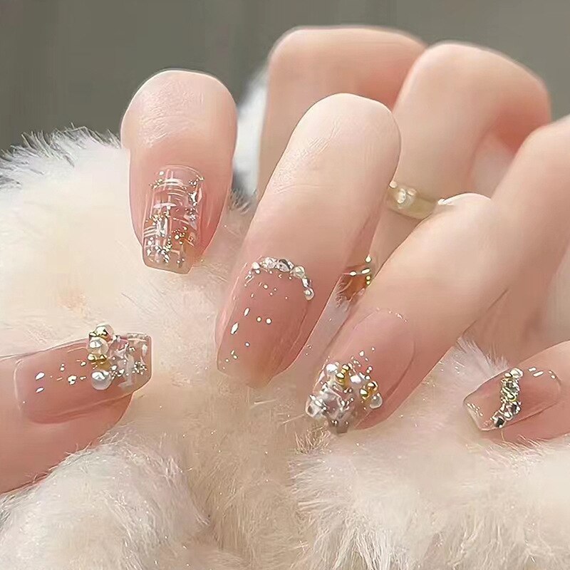 Fake Nails Sets Press on Ballet False Nails with Flower Designs Removable Acrylic Artificial Nails Glitter Nails Art Long Tips 654