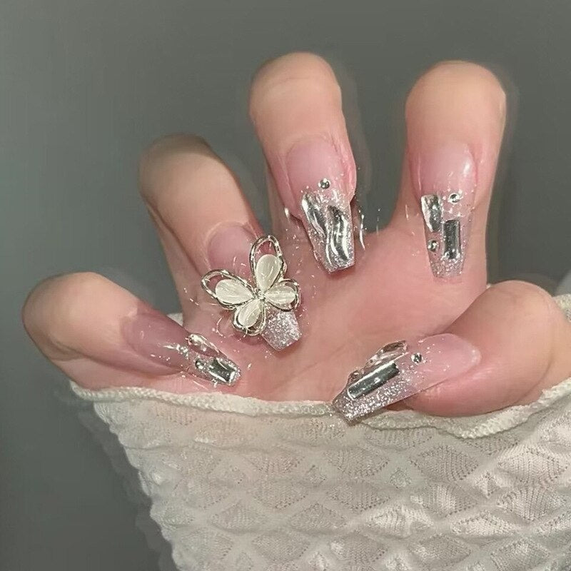 Fake Nails Sets Press on Ballet False Nails with Flower Designs Removable Acrylic Artificial Nails Glitter Nails Art Long Tips BY85