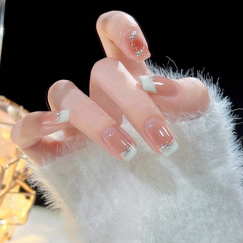 Fake Nails Sets Press on Ballet False Nails with Flower Designs Removable Acrylic Artificial Nails Glitter Nails Art Long Tips BY1061