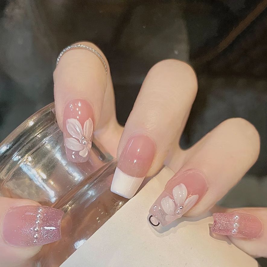 Fake Nails Sets Press on Ballet False Nails with Flower Designs Removable Acrylic Artificial Nails Glitter Nails Art Long Tips 447