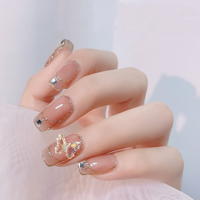 Fake Nails Sets Press on Ballet False Nails with Flower Designs Removable Acrylic Artificial Nails Glitter Nails Art Long Tips 036