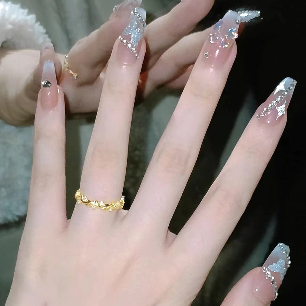 Fake Nails Sets Press on Ballet False Nails with Flower Designs Removable Acrylic Artificial Nails Glitter Nails Art Long Tips 048