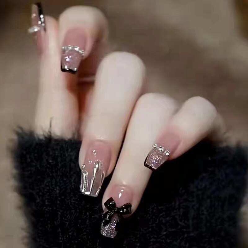 Fake Nails Sets Press on Ballet False Nails with Flower Designs Removable Acrylic Artificial Nails Glitter Nails Art Long Tips 272
