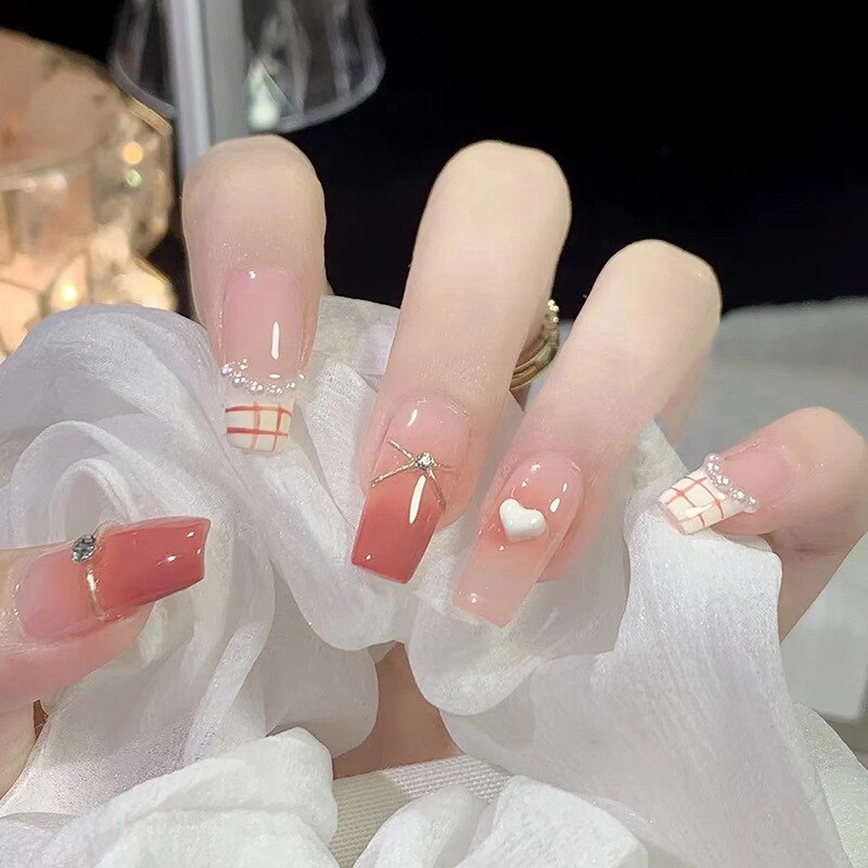 Fake Nails Sets Press on Ballet False Nails with Flower Designs Removable Acrylic Artificial Nails Glitter Nails Art Long Tips 437