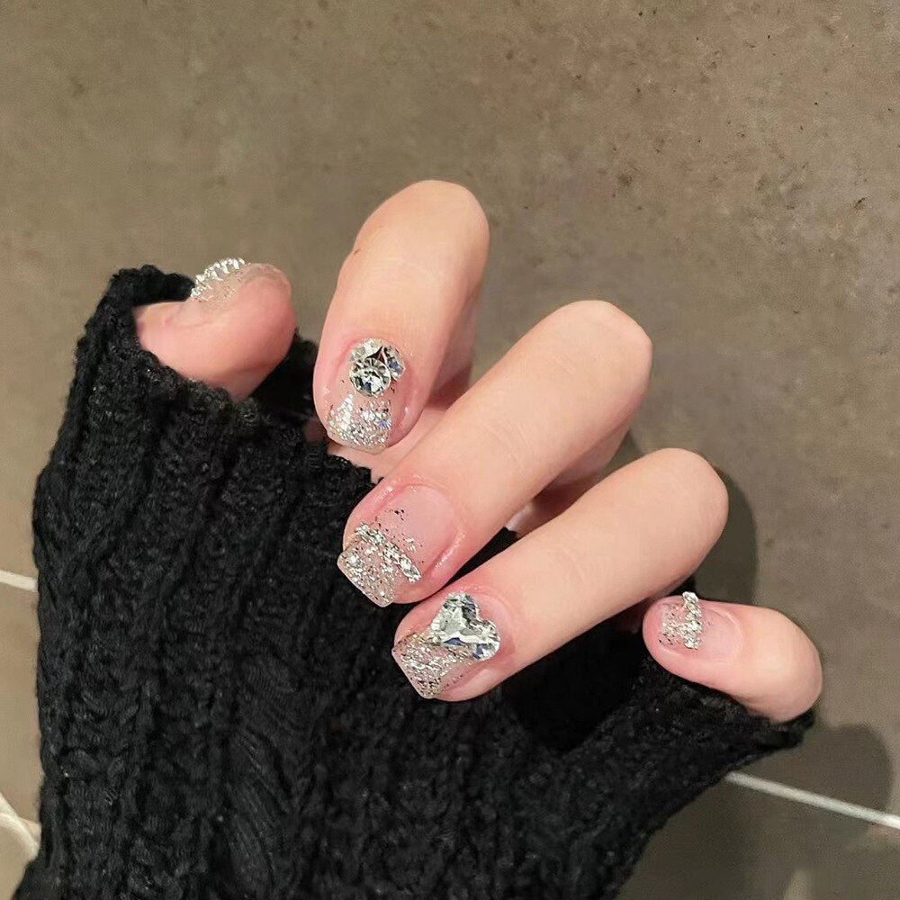 Fake Nails Sets Press on Ballet False Nails with Flower Designs Removable Acrylic Artificial Nails Glitter Nails Art Long Tips 213