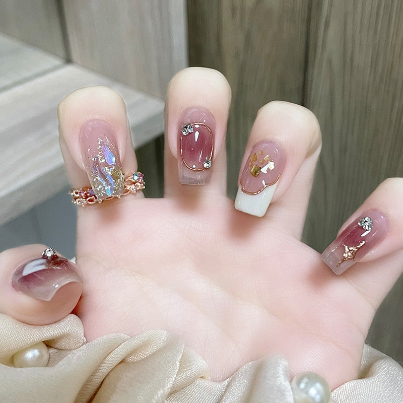 Fake Nails Sets Press on Ballet False Nails with Flower Designs Removable Acrylic Artificial Nails Glitter Nails Art Long Tips 15225