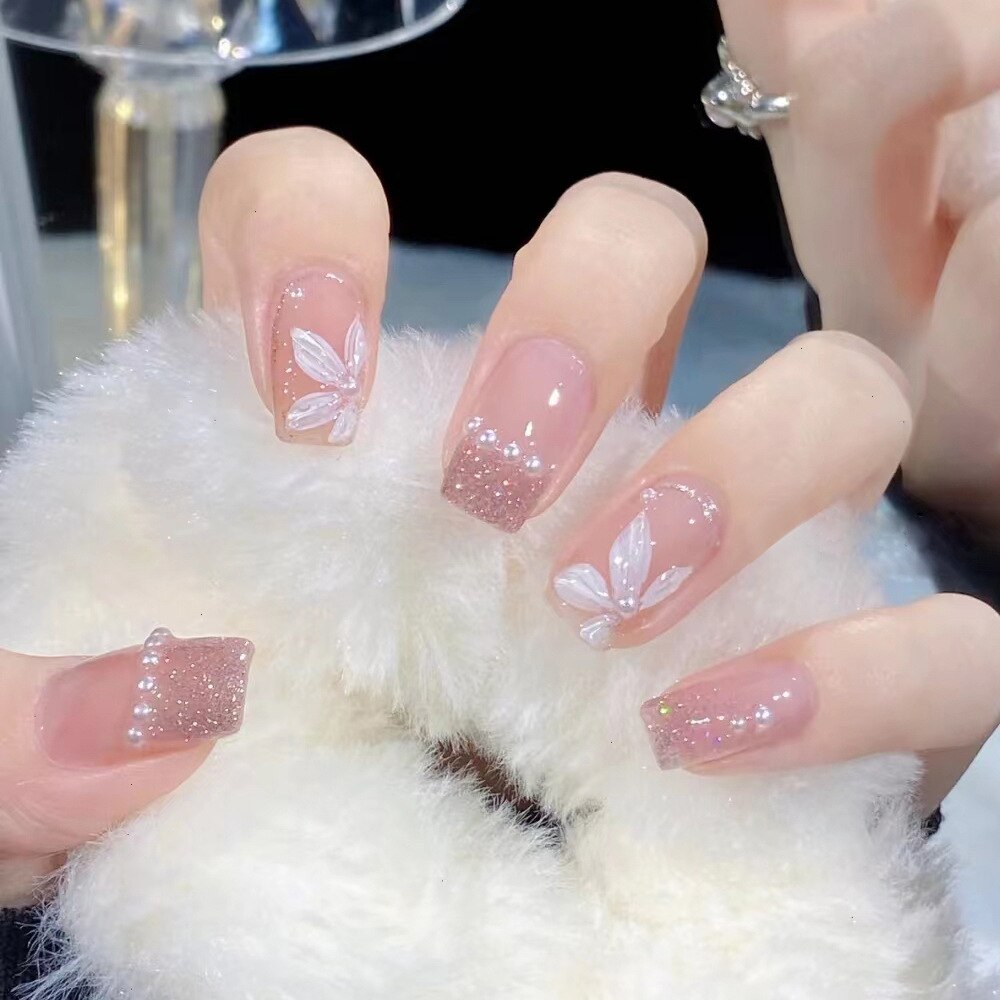 Fake Nails Sets Press on Ballet False Nails with Flower Designs Removable Acrylic Artificial Nails Glitter Nails Art Long Tips 070