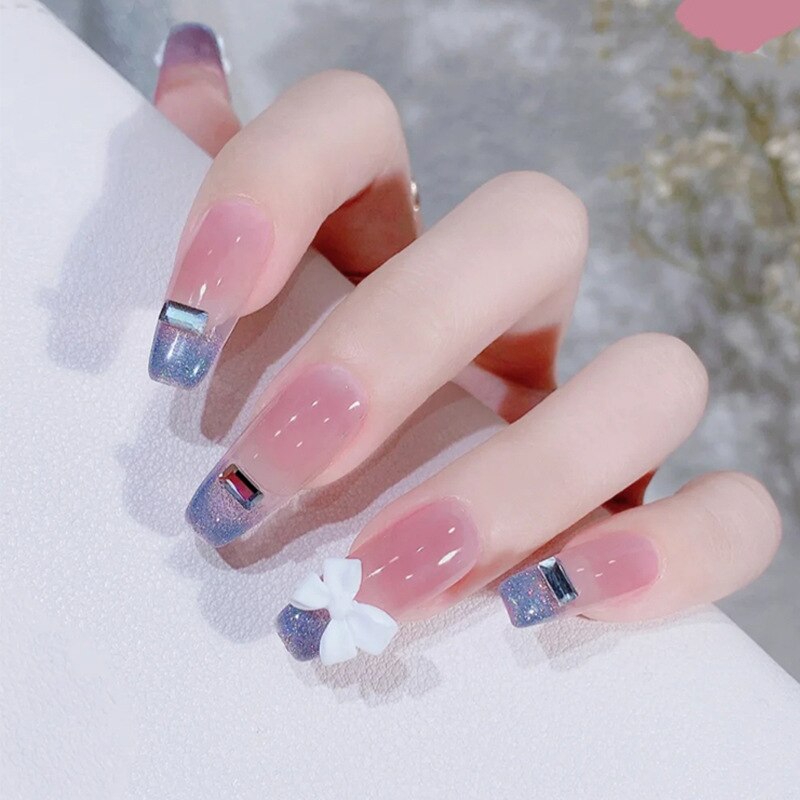 Fake Nails Sets Press on Ballet False Nails with Flower Designs Removable Acrylic Artificial Nails Glitter Nails Art Long Tips 1552