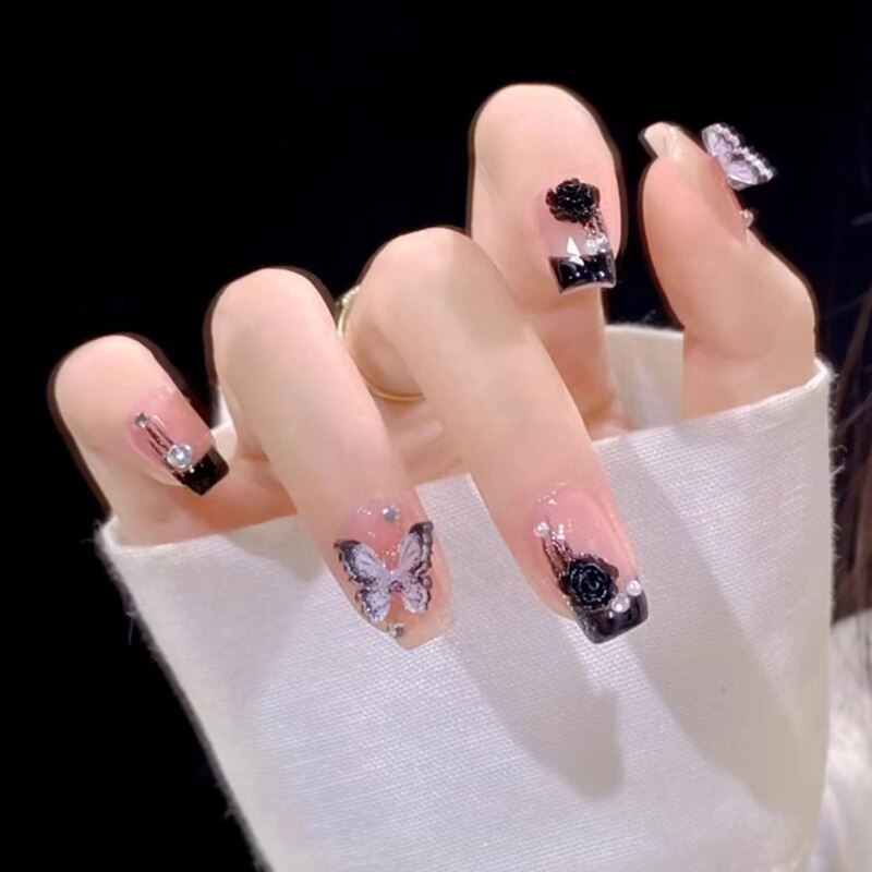 Fake Nails Sets Press on Ballet False Nails with Flower Designs Removable Acrylic Artificial Nails Glitter Nails Art Long Tips 15169