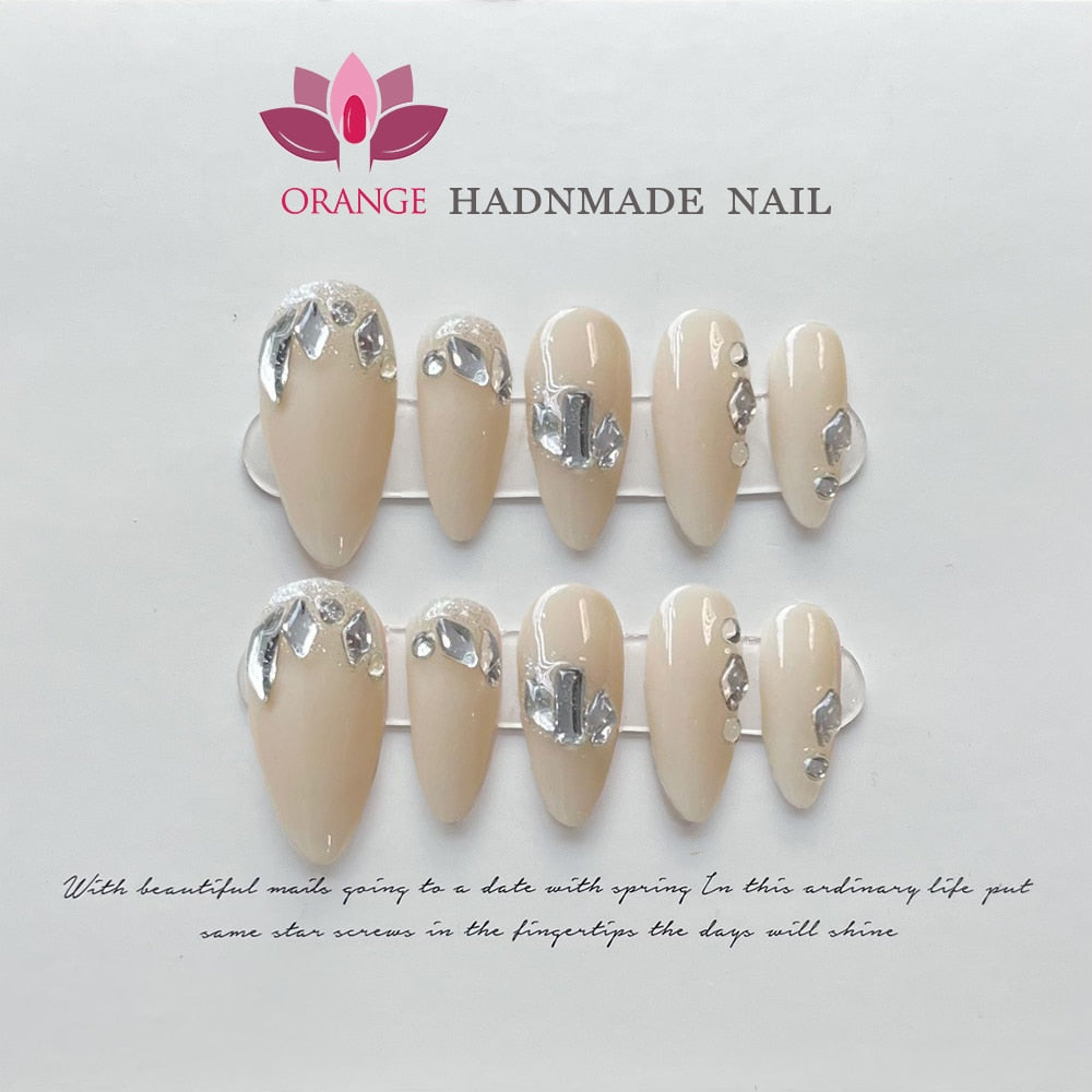 Fake Nails With Rhinestones Almond Full Cover With Designed Handmade Wearable Press on Nails With 3d Diamond Y2k