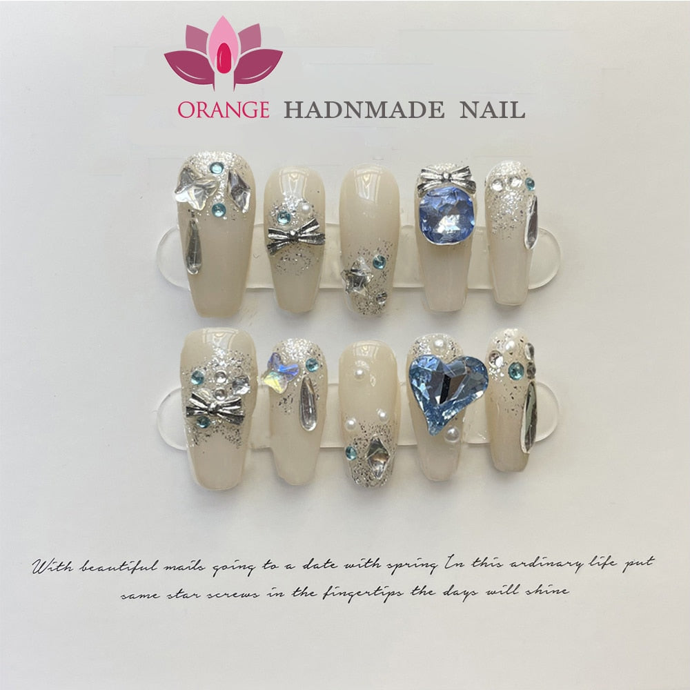 Fake Nails With Rhinestones Almond Full Cover With Designed Handmade Wearable Press on Nails With 3d Diamond Y2k
