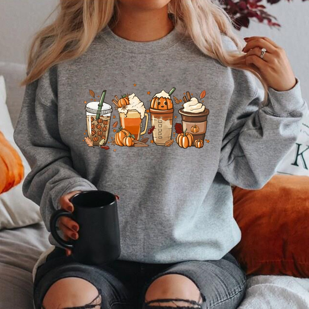 Fall Coffee Sweatshirt Cute Fall Hoodie Thanksgiving Sweatshirt Halloween Hoodies Women Clothes Coffee Lover Pullovers Tops Gray