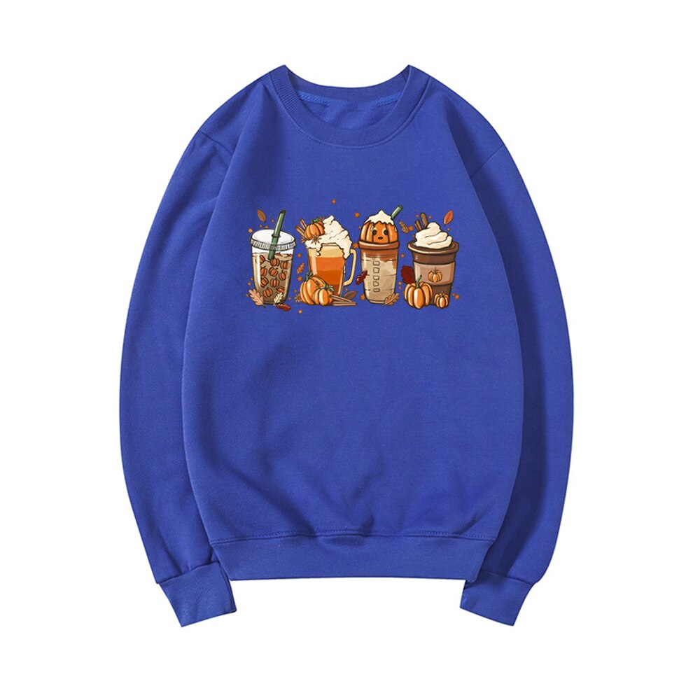 Fall Coffee Sweatshirt Cute Fall Hoodie Thanksgiving Sweatshirt Halloween Hoodies Women Clothes Coffee Lover Pullovers Tops Blue