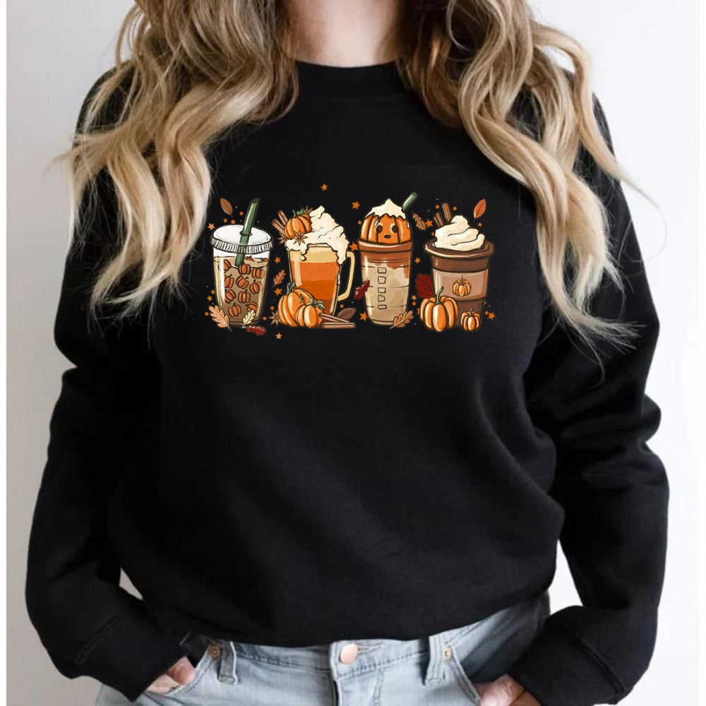 Fall Coffee Sweatshirt Cute Fall Hoodie Thanksgiving Sweatshirt Halloween Hoodies Women Clothes Coffee Lover Pullovers Tops Black