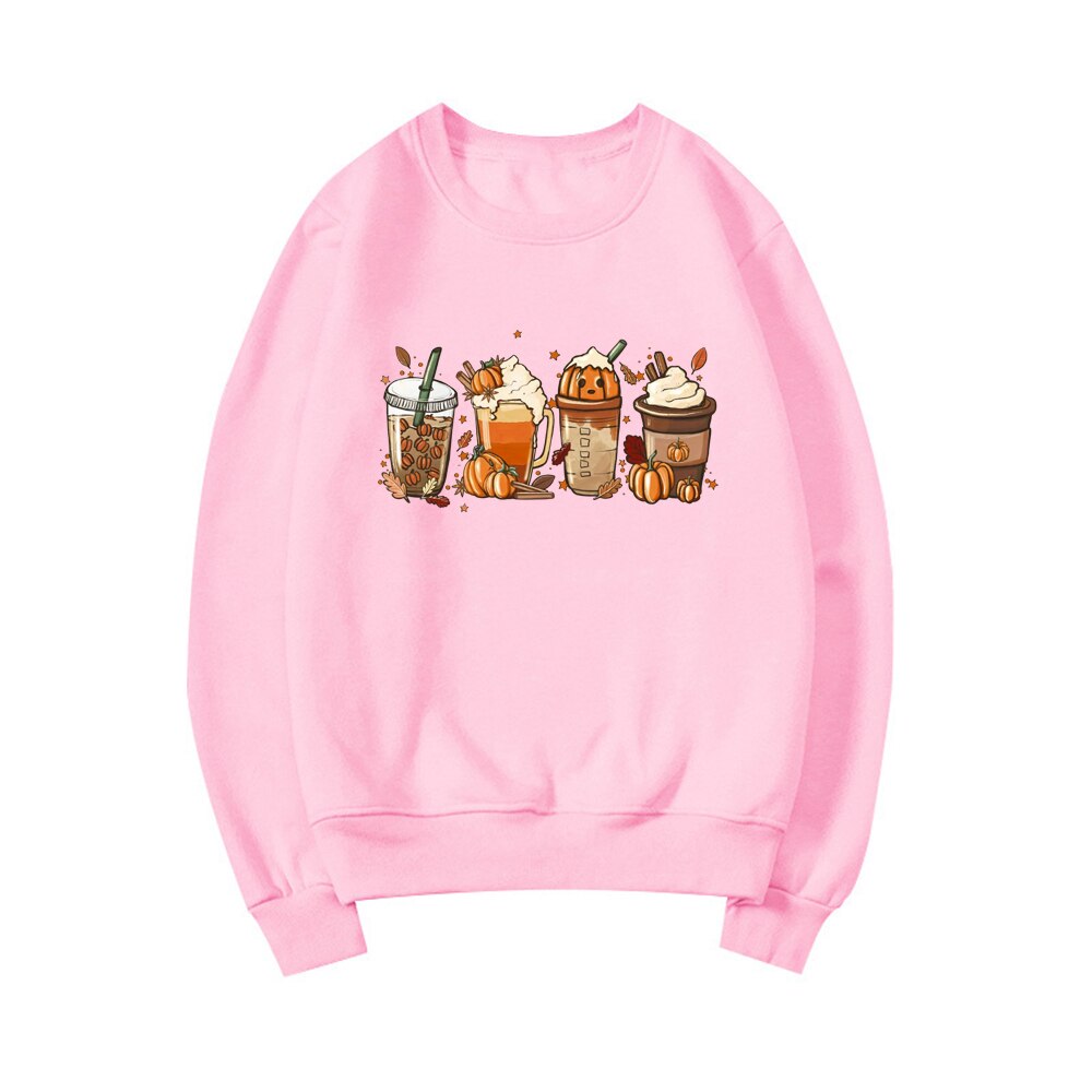 Fall Coffee Sweatshirt Cute Fall Hoodie Thanksgiving Sweatshirt Halloween Hoodies Women Clothes Coffee Lover Pullovers Tops Pink