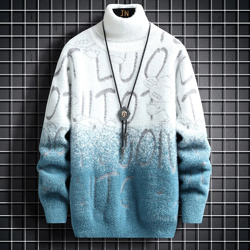 Fall Luxury Cashmere Turtleneck Mens Sweaters Thick Warm Personality Letter Sweater Men Harajuku Male Pullovers SKY BLUE