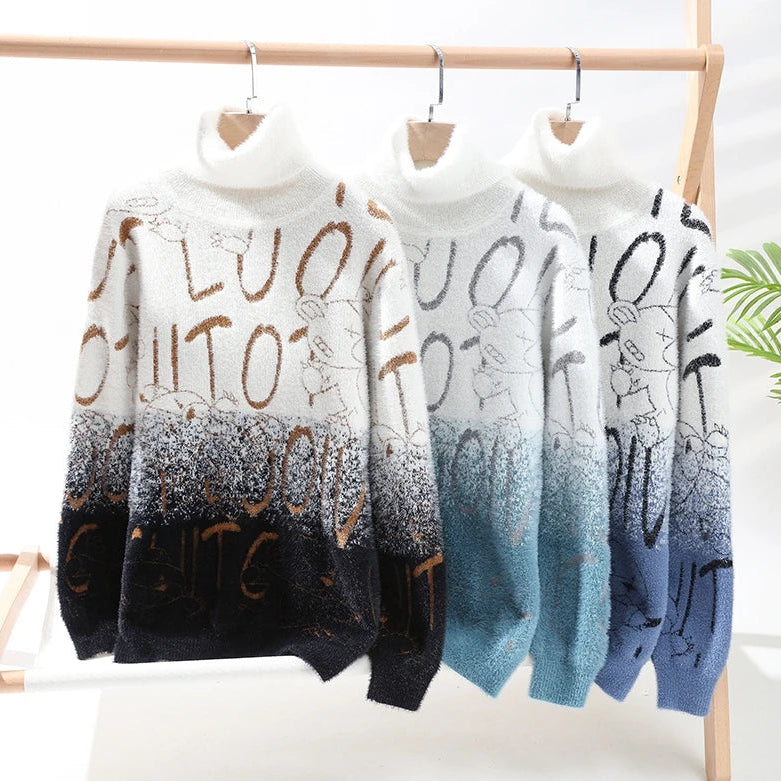Fall Luxury Cashmere Turtleneck Mens Sweaters Thick Warm Personality Letter Sweater Men Harajuku Male Pullovers