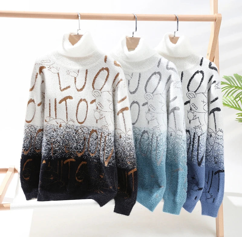 Fall Luxury Cashmere Turtleneck Mens Sweaters Thick Warm Personality Letter Sweater Men Harajuku Male Pullovers