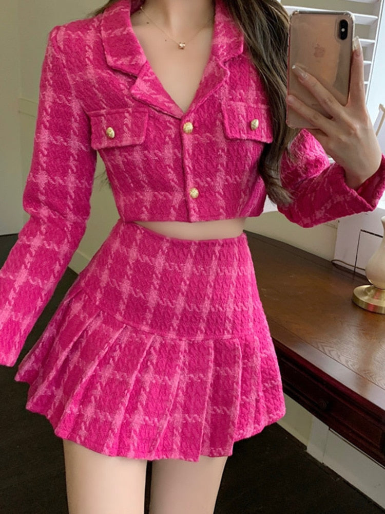 Fall Small Fragrance Vintage Tweed Two Piece Set Women Crop Top Woolen Short Jacket Coat + Mini Skirts Sets Sweet 2 Piece Suits Rose Pink