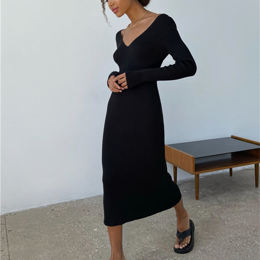 Fall Winter Knit Rib Wrap Midi Pencil Dress for Women Casual Simple Style Long Sleeve V-Neck Backless Bodycon Dress Black