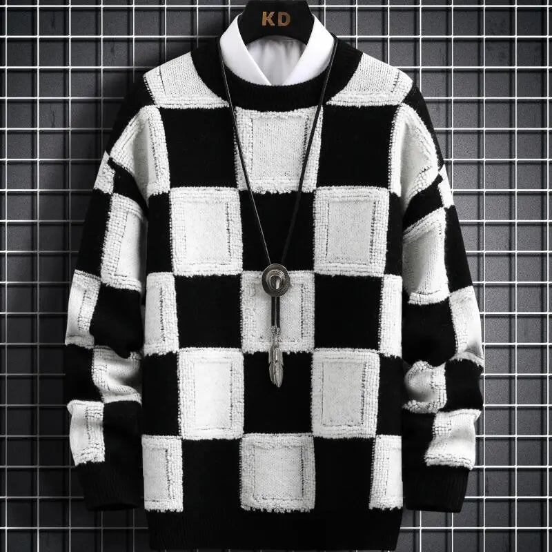 Fall Winter Korean Style Mens Pullovers Sweaters Thick Warm Cashmere Sweater Men Luxury Plaid Pull Homme Black
