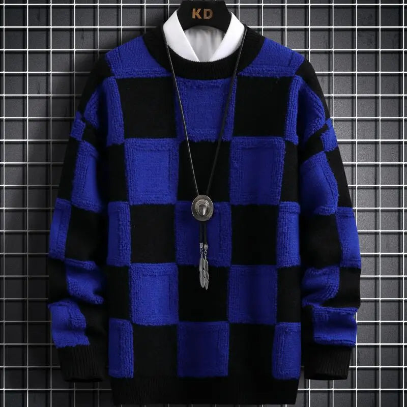 Fall Winter Korean Style Mens Pullovers Sweaters Thick Warm Cashmere Sweater Men Luxury Plaid Pull Homme Blue