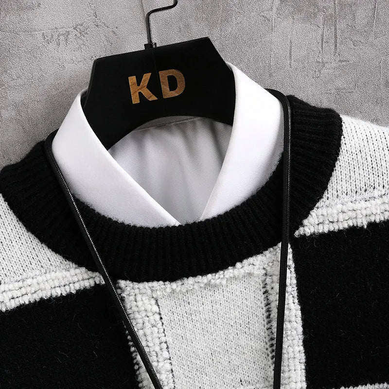 Fall Winter Korean Style Mens Pullovers Sweaters Thick Warm Cashmere Sweater Men Luxury Plaid Pull Homme