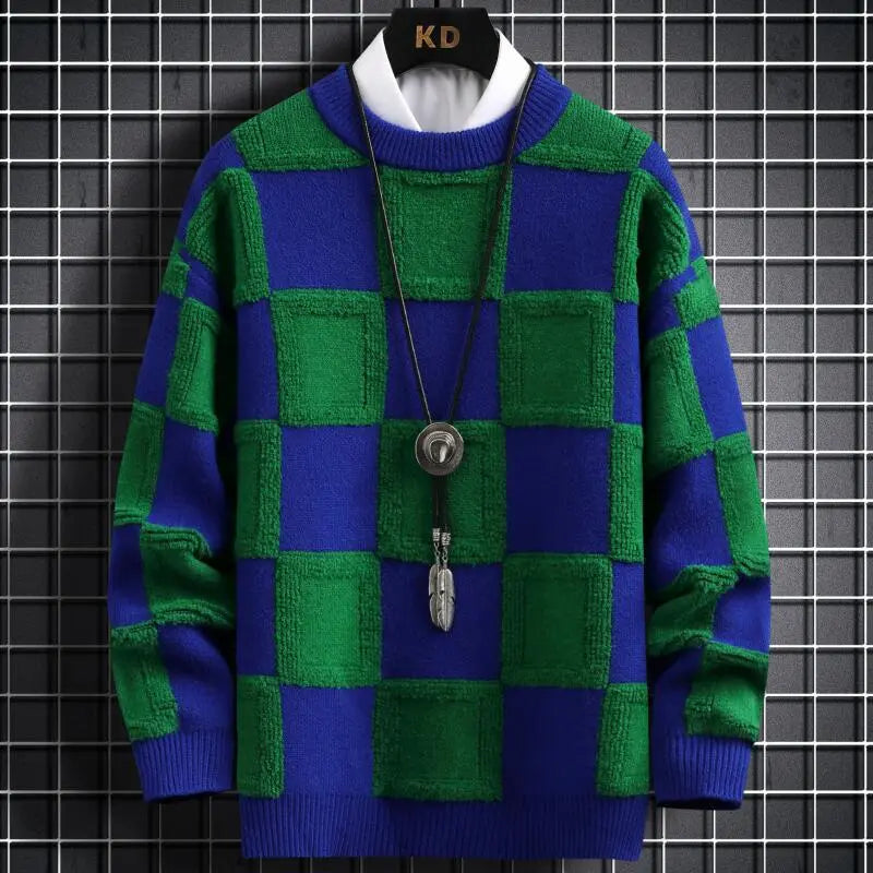 Fall Winter Korean Style Mens Pullovers Sweaters Thick Warm Cashmere Sweater Men Luxury Plaid Pull Homme Green