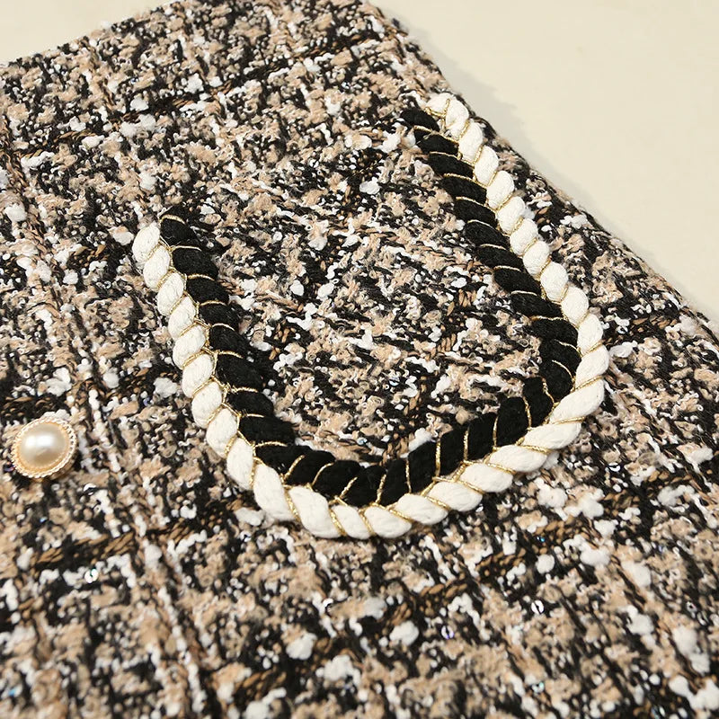 Fall Winter Plaid Tweed Skirt Womens Thick Woolen Pearl Button Front Pocket Glitter Mini Skirt Saia Feminina