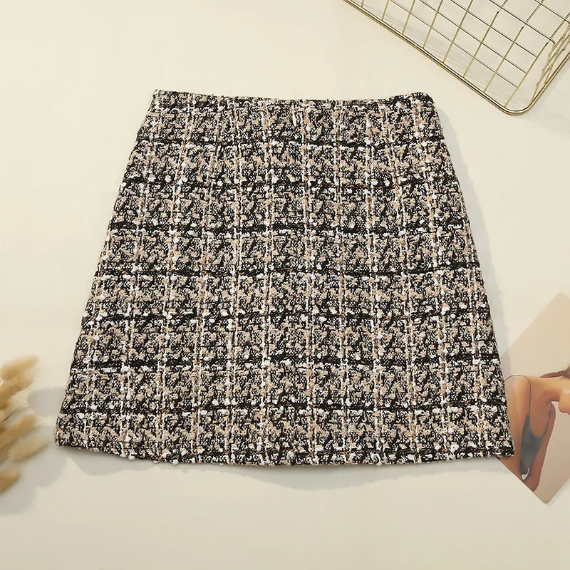 Fall Winter Plaid Tweed Skirt Womens Thick Woolen Pearl Button Front Pocket Glitter Mini Skirt Saia Feminina