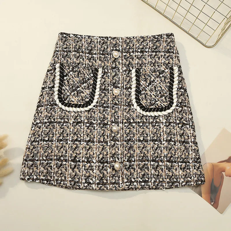 Fall Winter Plaid Tweed Skirt Womens Thick Woolen Pearl Button Front Pocket Glitter Mini Skirt Saia Feminina