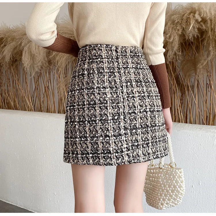 Fall Winter Plaid Tweed Skirt Womens Thick Woolen Pearl Button Front Pocket Glitter Mini Skirt Saia Feminina