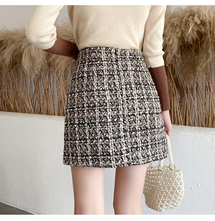Fall Winter Plaid Tweed Skirt Womens Thick Woolen Pearl Button Front Pocket Glitter Mini Skirt Saia Feminina