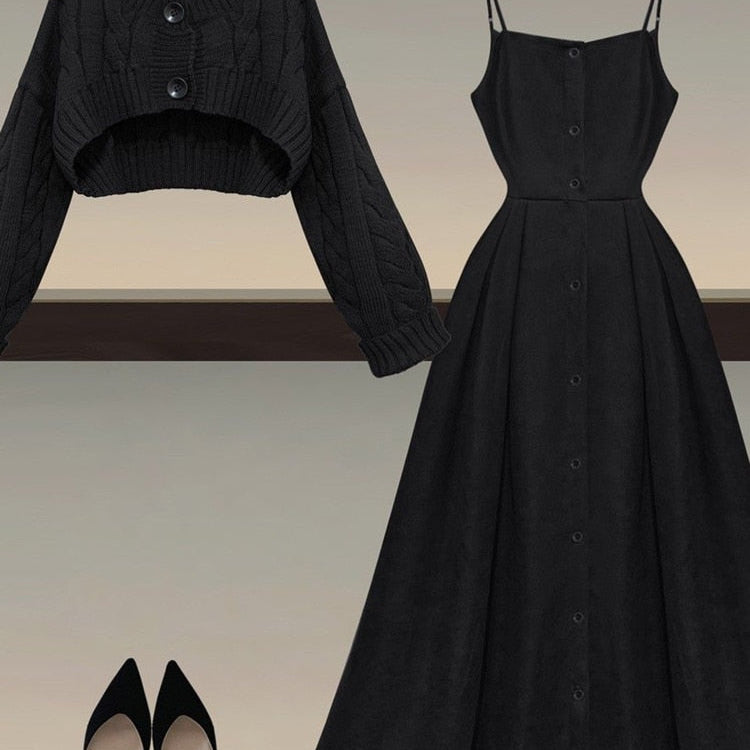 Fall Winter Two Piece Sets Women Outfits Korean Casual Long Sleeve Twist Knitted Short Sweater And Straped High Waist Dress Sets