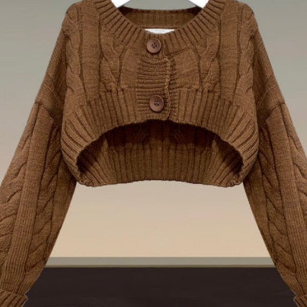 Fall Winter Two Piece Sets Women Outfits Korean Casual Long Sleeve Twist Knitted Short Sweater And Straped High Waist Dress Sets top 1