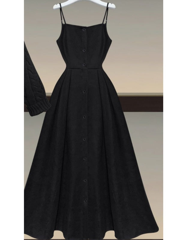 Fall Winter Two Piece Sets Women Outfits Korean Casual Long Sleeve Twist Knitted Short Sweater And Straped High Waist Dress Sets dress